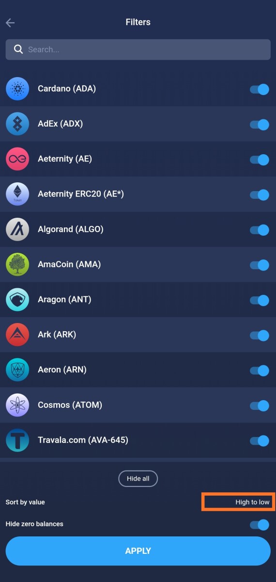 Filter Coins in Atomic Wallet