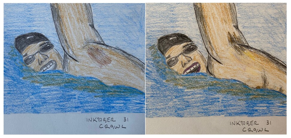 before-and-after drawing of man swimming - pencil and colored pencil