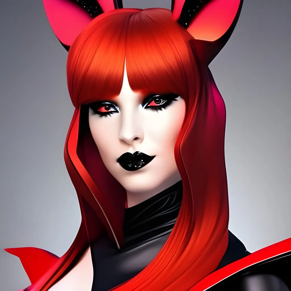 Redhead woman with fox ears in black satin (hyperreal)