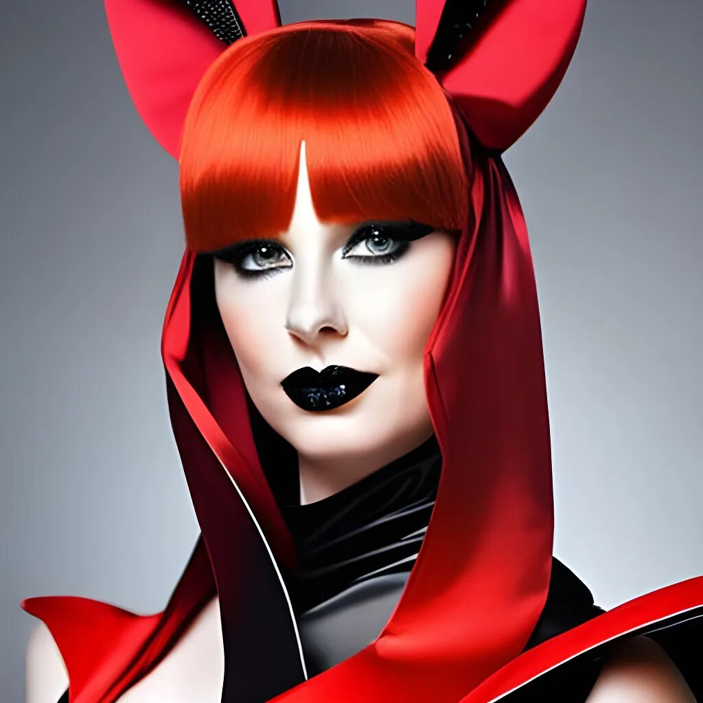 Redhead woman with fox ears in black satin (photo setting)
