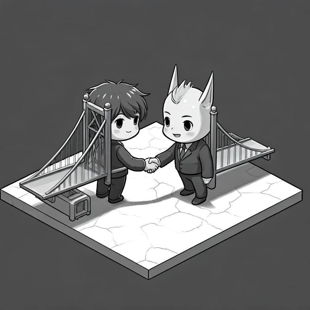 Anthropomorphic bridges shaking hands