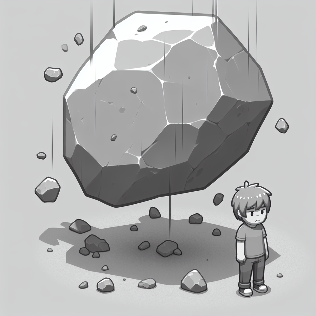 boy standing under falling boulder