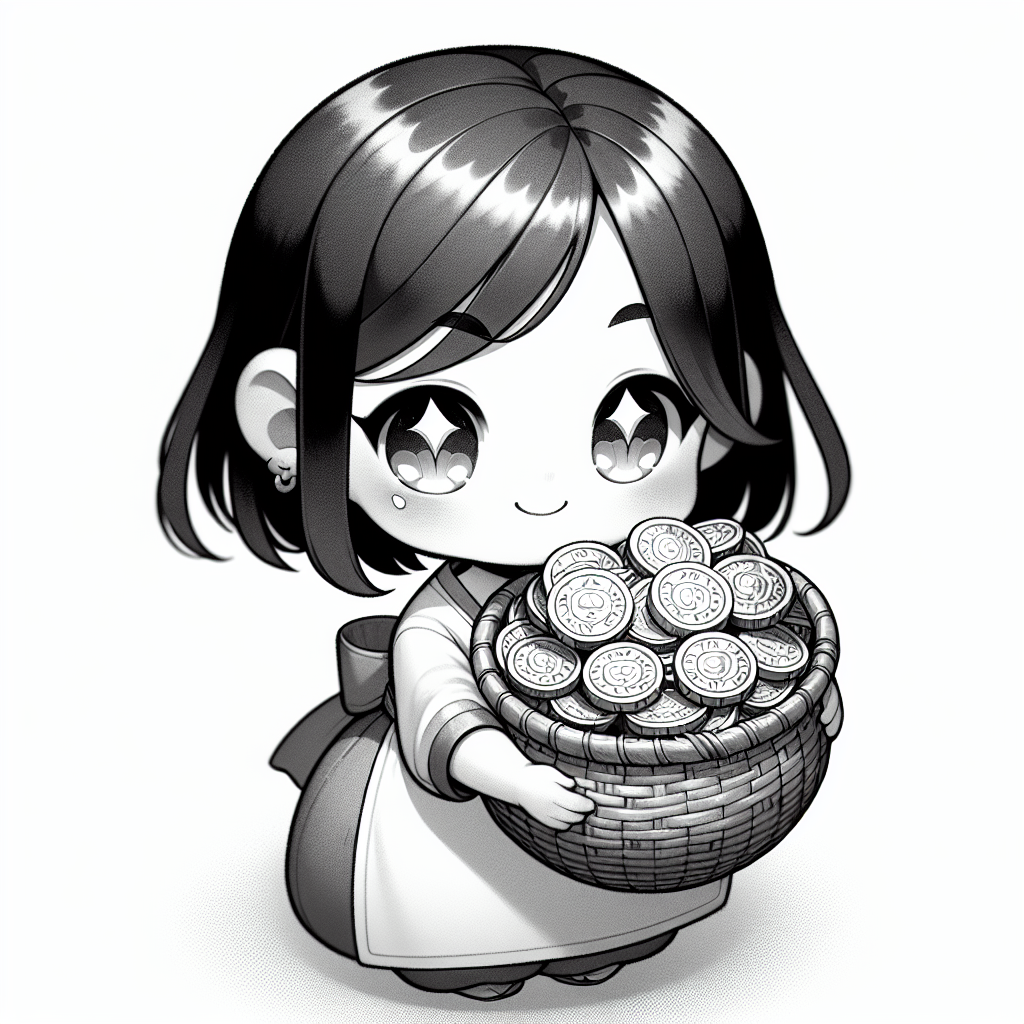 Girl holding a basket full of coins
