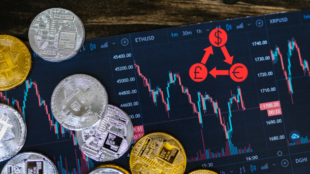 crypto currency chart with fake bitcoins and an arbitrage logo