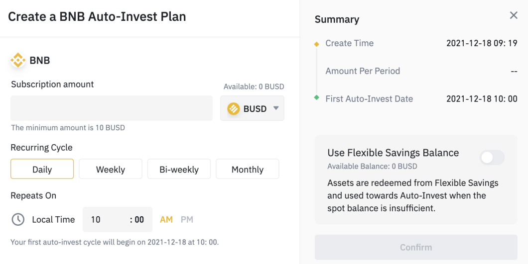 Creating a Binance Auto-Invest plan