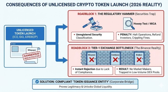 Infographic answering what happens if I launch a crypto token without a license, detailing the two massive roadblocks in 2026: the SEC regulatory hammer and the Tier-1 exchange bottleneck from Binance.