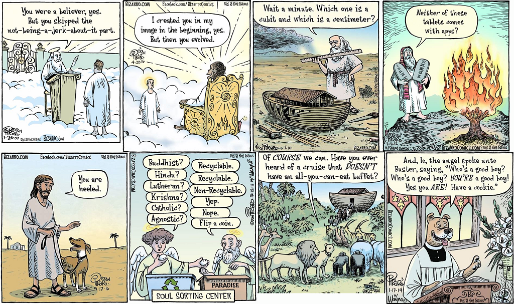 Various Bizarro cartoon panels on religion