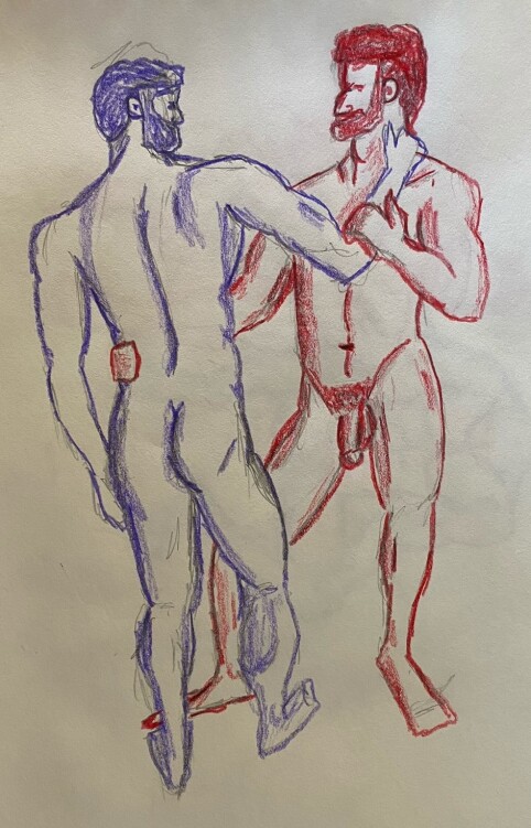 Ahmad and Joe standing facing one another - colored pencil drawing
