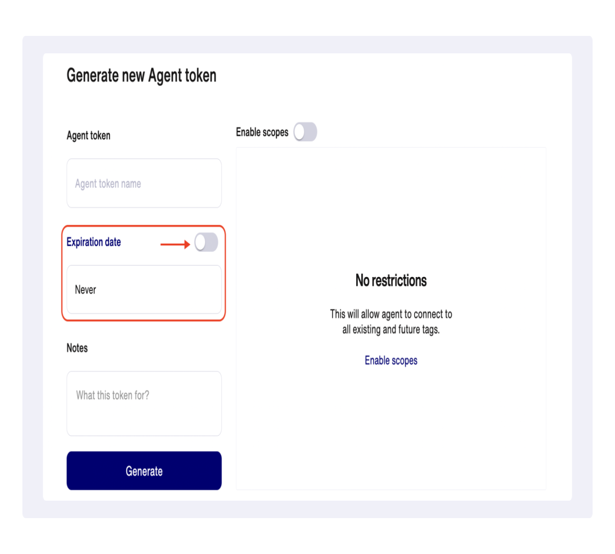 Implemented an ability to set up a non-expiring agent token