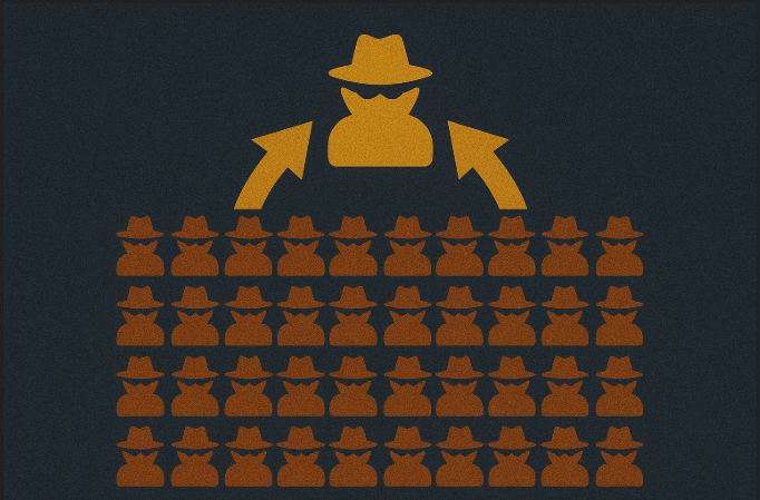 Illustration of a Sybil attack showing a hacker figure spawning multiple fake nodes, each represented by silhouettes wearing fedora hats, symbolizing malicious intent in blockchain networks.