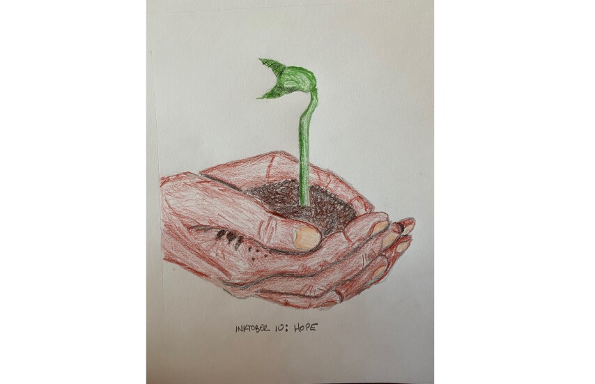 Bean sprout growing from cupped handful of soil - drawing in colored pencil and pencil
