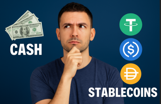 A thoughtful young man stands in the center of a horizontal image with a dark blue background. On the left, there are dollar bills and the word “CASH.” On the right, stablecoin logos for USDT, USDC, and DAI appear above the word “STABLECOINS.”