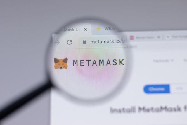 Magnifying glass zooming into MetaMask logo on a webpage