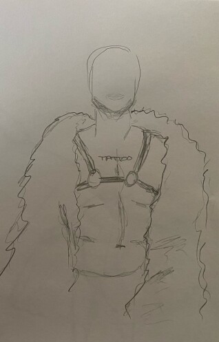 Daniel wearing fuzzy blanket an dharness: 3-minute timed pencil sketch
