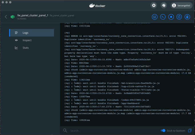 Docker Desktop app showing service logs