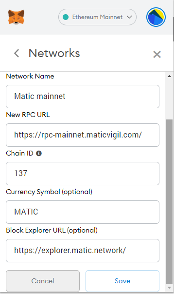 information to provide for Polygon/Matic network