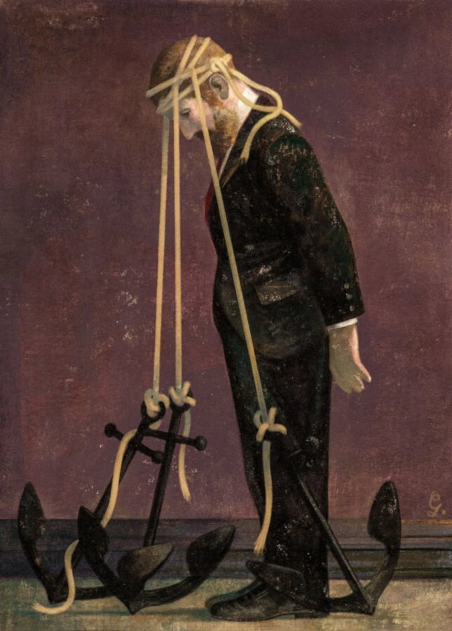 Illustration of a man with anchors on his head, by Gérard DuBois