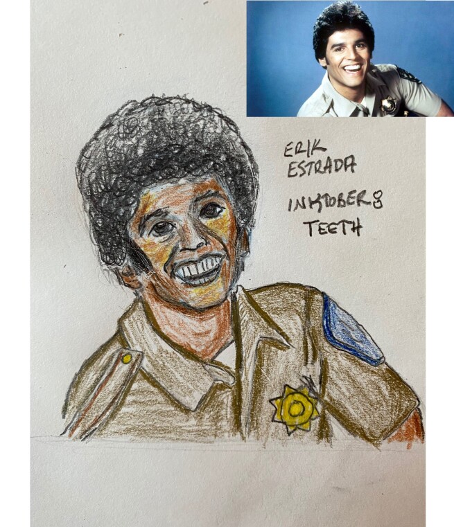 Portrait of Erik Estrada in colored pencil and pencil