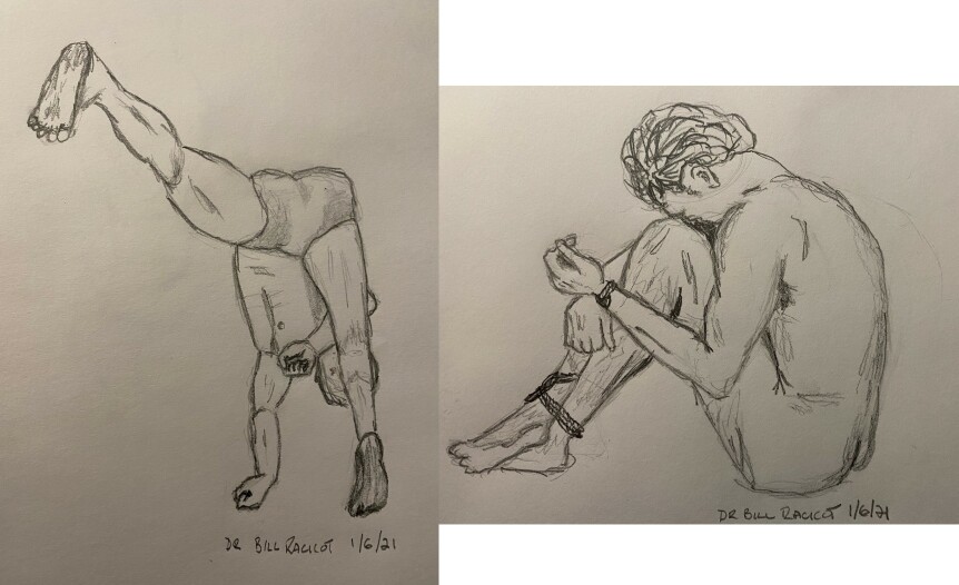 Diptych in pencil: flying kick and tied up man