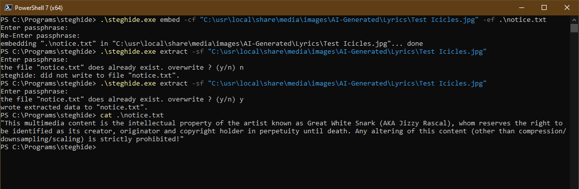 Screenshot of steghide usage