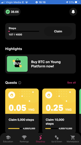 Image from home screen in stepdrop app, showing highlights and quests available.