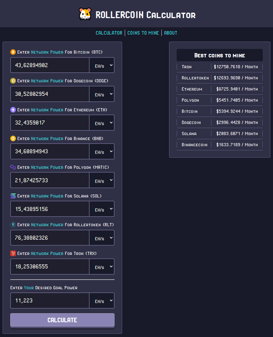 RollerCoin Calculator - Top Miner 100%