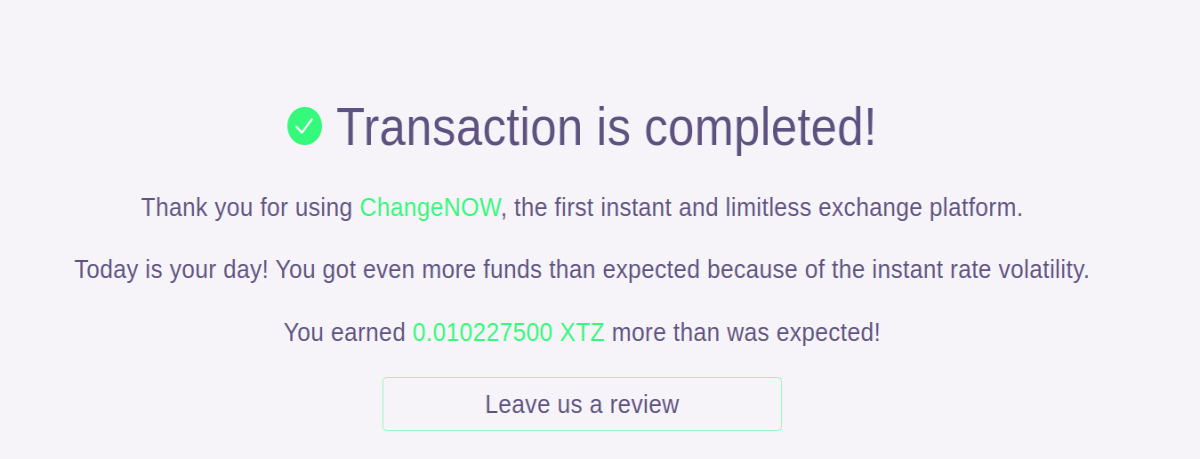 ChangeNOW completed exchange