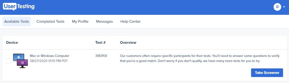UserTesting - Take Screener