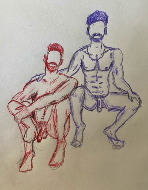 Ahmad and Joe sitting together - colored pencil drawing