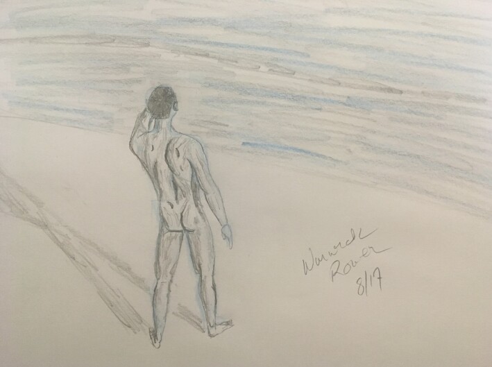 Man on beach - Drawing in pencil and colored pencil