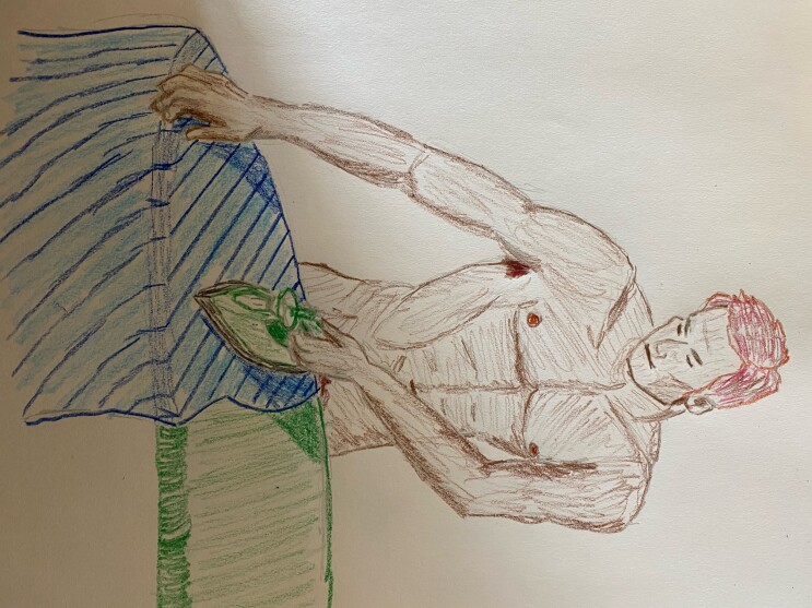 Man ironing clothes - colored pencil