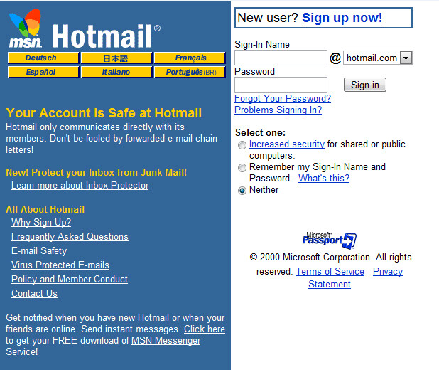 Hotmail a inicios de la década del 2000