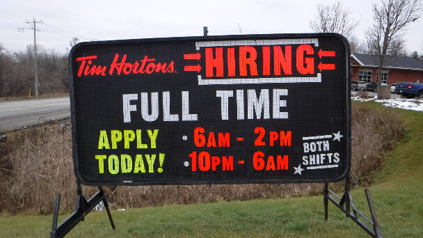 Tim Horton's Now Hiring Sign