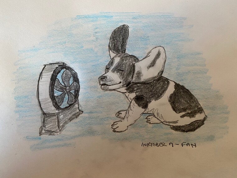 Puppy enjoying the breeze from a fan - pencil and colored pencil