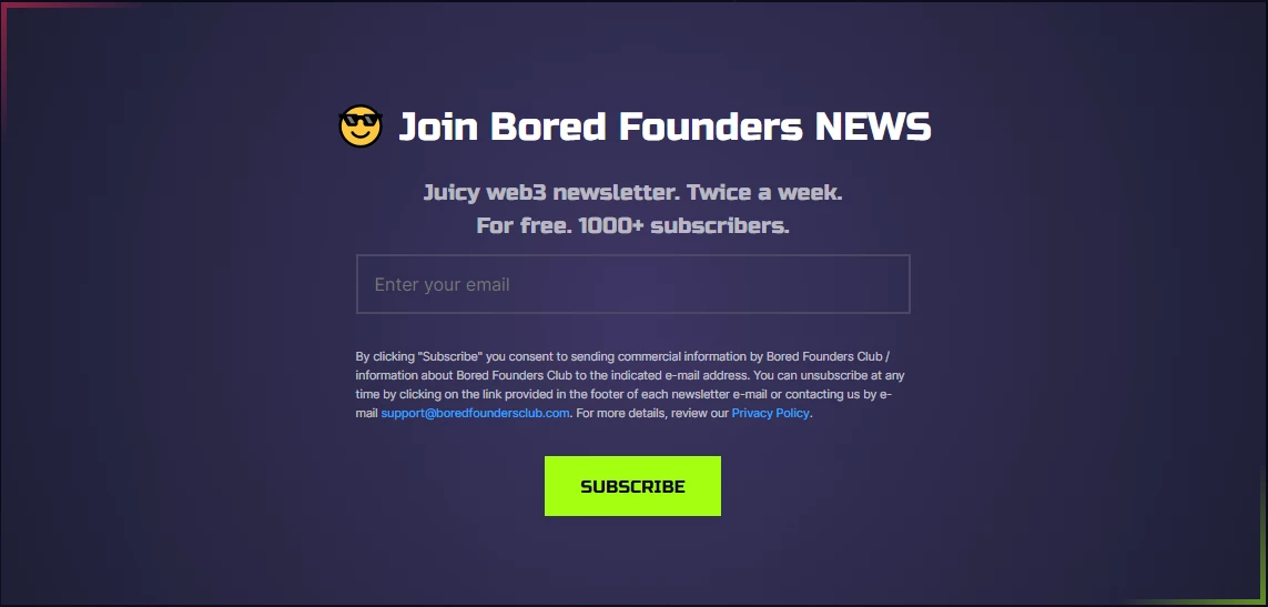 bored founders news subscription form screenshot