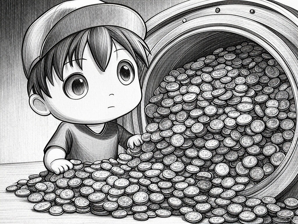 boy flooded by coins