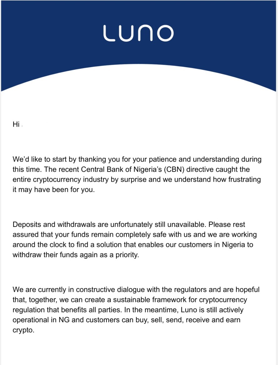 Update status from Luno in Nigeria