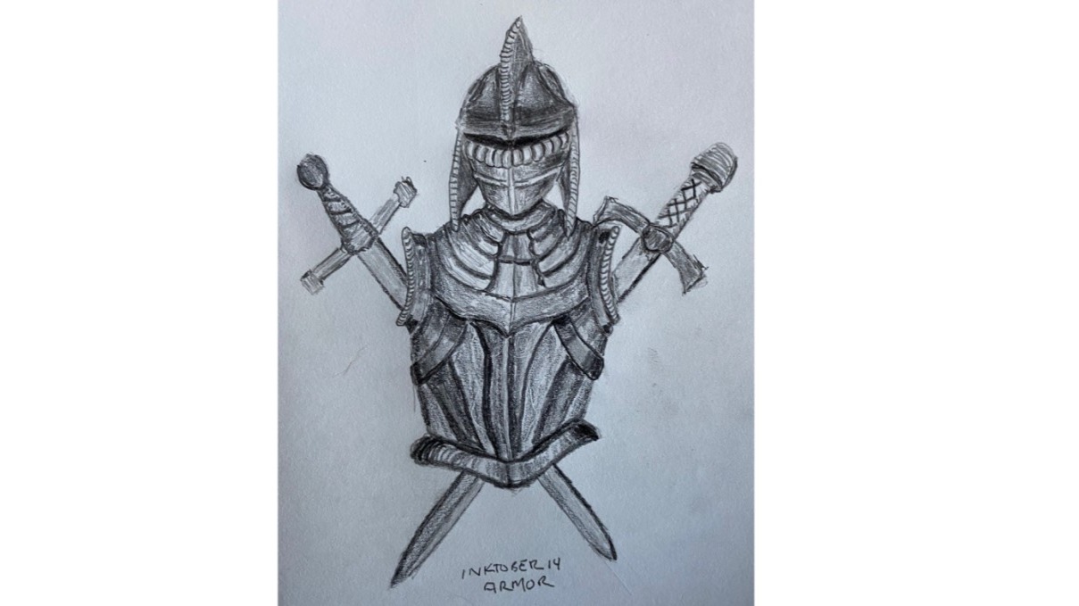 Breastplate and helmet with crossed swords - Drawing in pencil