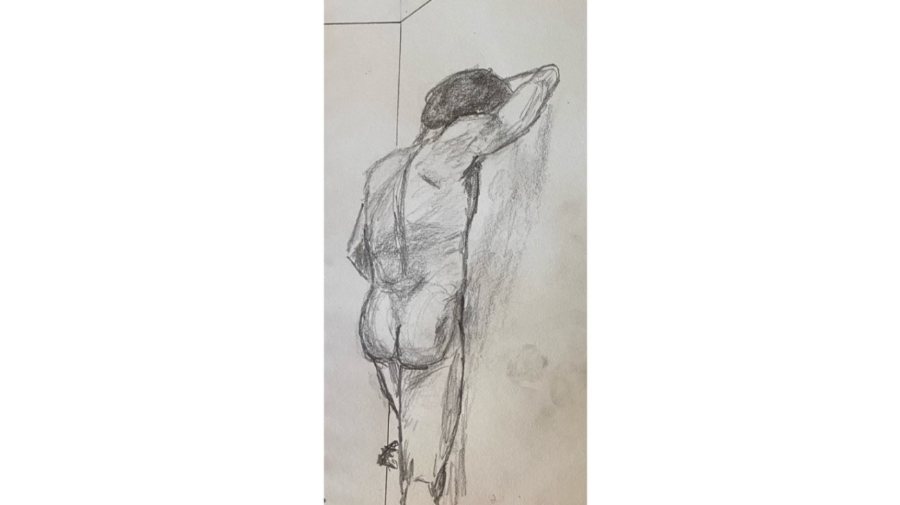Josh leaning forward against the wall - 20 minute timed pencil sketch