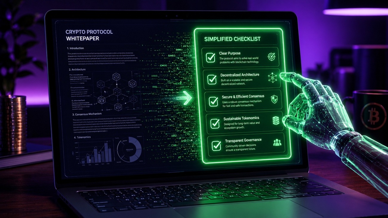 A creative tech blog header showing a laptop screen where a complex crypto document is simplified into a clean neon checklist