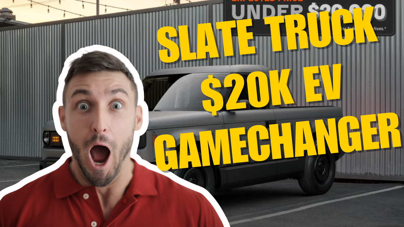 Man reacting with shock in front of Slate Truck, $20K EV Gamechanger text overlay.