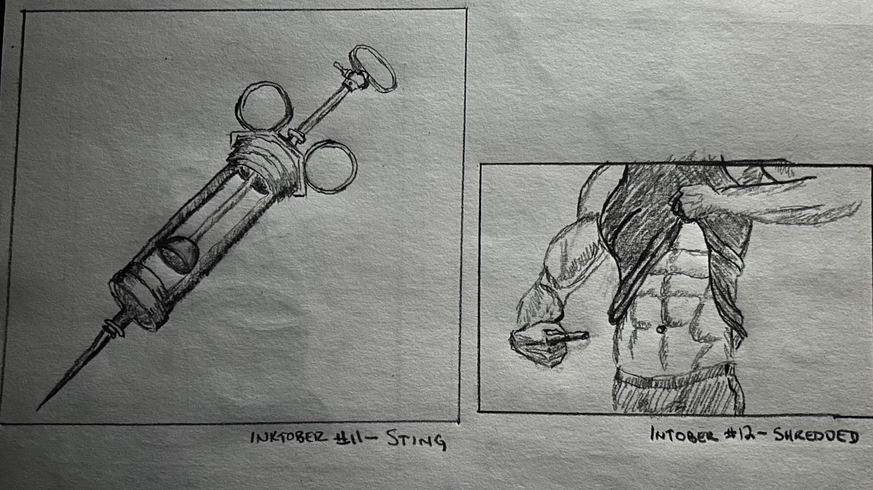 2 pencil sketches: vintage syringe, musculwr man’s torso