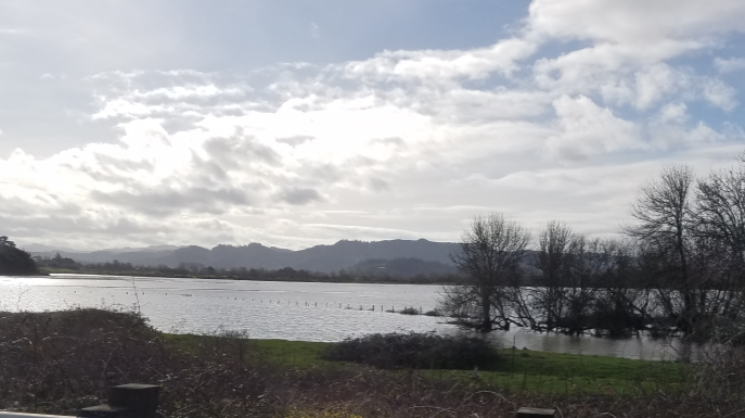 A flooded field with the tops of a rail fence showing above the water.