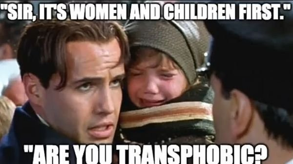 This picture shows a meme in which the Titanic was included to draw attention to the gender madness of this time.