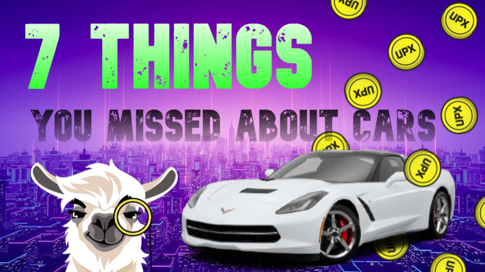 Text reading 7 things you missed about cars with a purple background, yellow upx coins falling and a white llama, and car