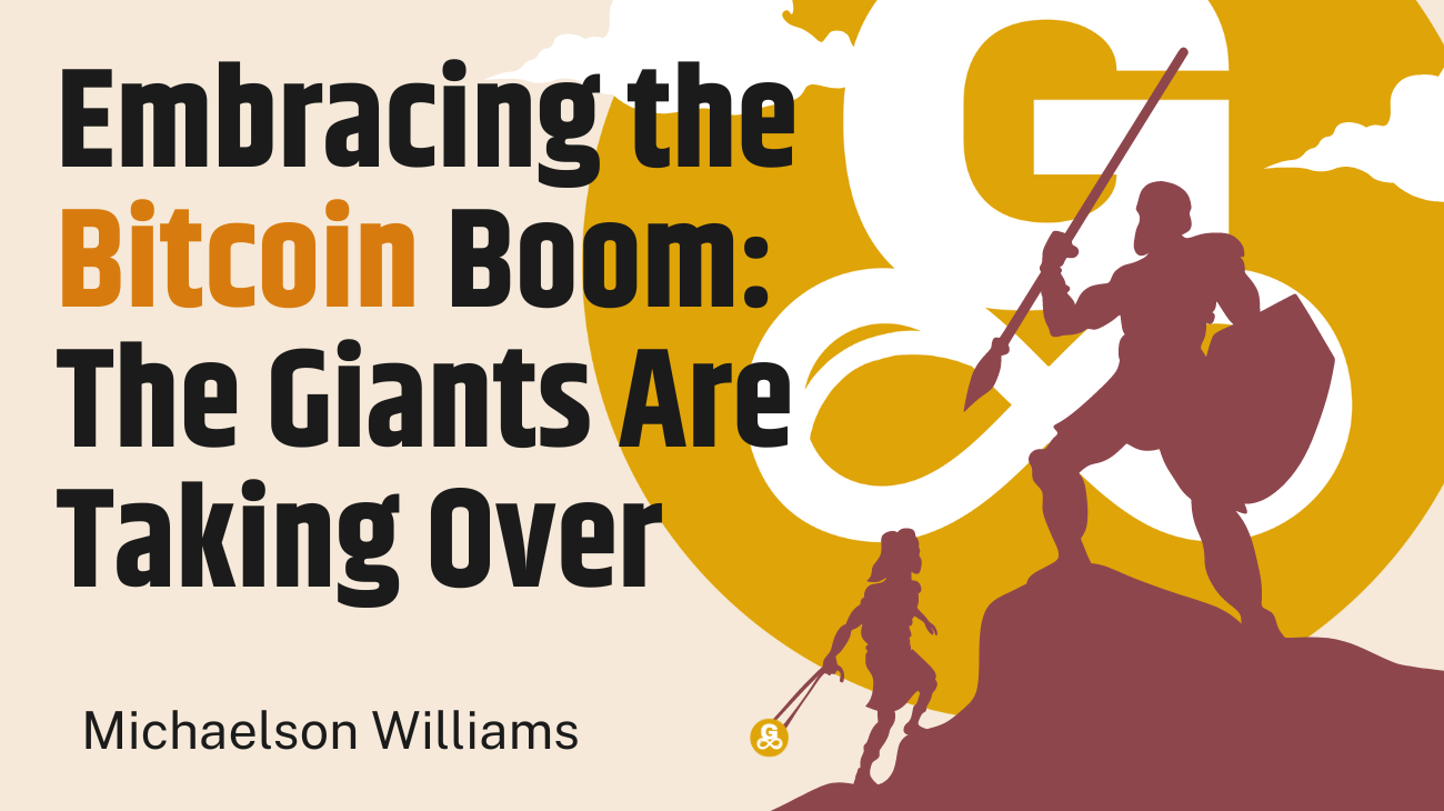 Giant on a mountain standing over a small man with a Goal Phoenix Crypto Infinity coin sling shot