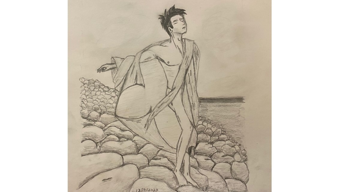 Man half-draped in sarong, standing on rock pile near reservoir - drawing in pencil