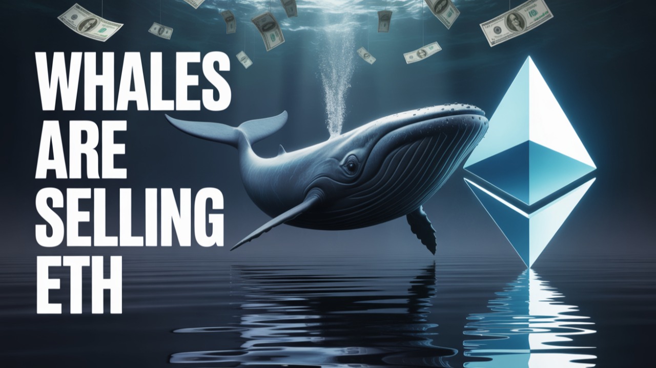 Whale swims near Ethereum logo as dollar bills sink — “Whales Are Selling ETH” in bold white text.