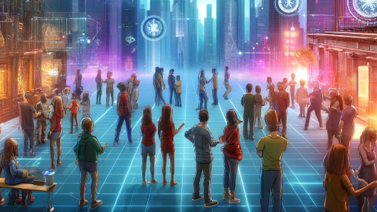 A dynamic digital illustration featuring a group of diverse avatars in a virtual city square, illuminated by neon lights and
