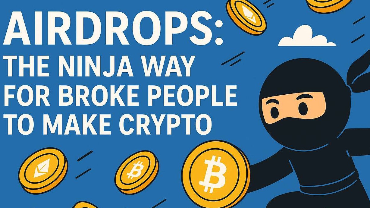Cartoon ninja catching Bitcoin and Ethereum coins from the sky, symbolizing free airdrops for crypto hunters.